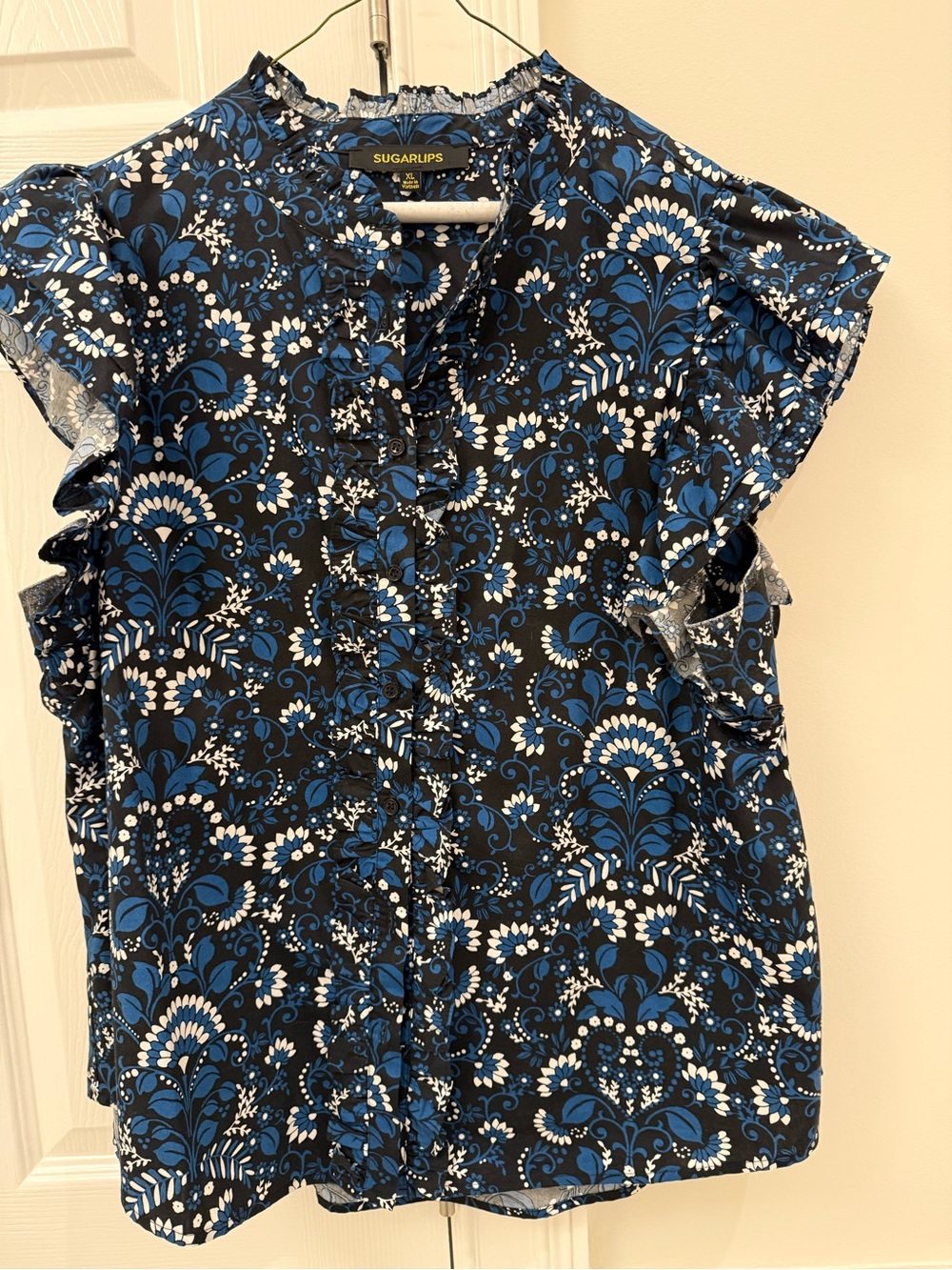 Sugarlips Black & Blue Floral Ruffle Sleeve Blouse